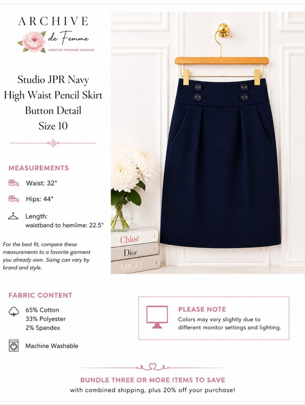 Studio JPR Navy High Waist Pencil Skirt Size 10 Button Detail Career - Picture 6 of 9